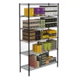 Black wire shelving unit with load