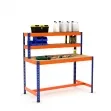 Blue and orange workbench with top shelves and footrest